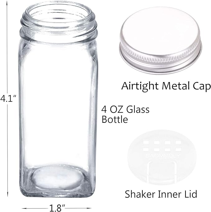 SWOMMOLY 66 Glass Spice Jars with 703 Spice Labels, Chalk Marker and Funnel Complete Set. 66 Square Glass Jars 4oz, Airtight Cap, Pour/sift Shaker Lid