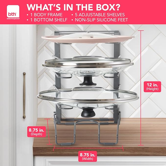 BTH Adjustable Pot Lid Organizer for Cabinet - Kitchen Storage Rack with 6 Adjustable Shelves, Pot Lid Holder, Pan and Pot Rack Organizer, Perfect for Pantry & Inside Cabinet Organizer