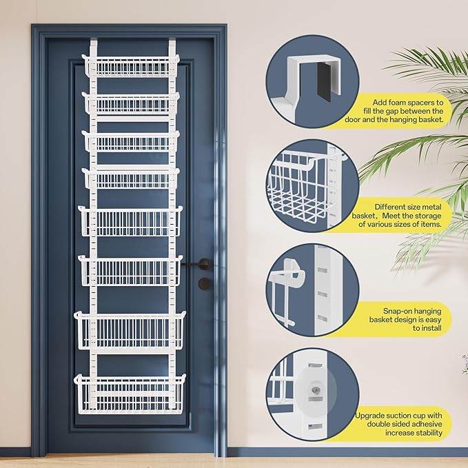 Over The Door Pantry Organizer, 8-Tier Over The Door Organizer with Adjustable Baskets, Metal Hanging Spice Rack for Pantry Organizers and Storage, Suitable for Kitchen Laundry Room & Bathroom, White