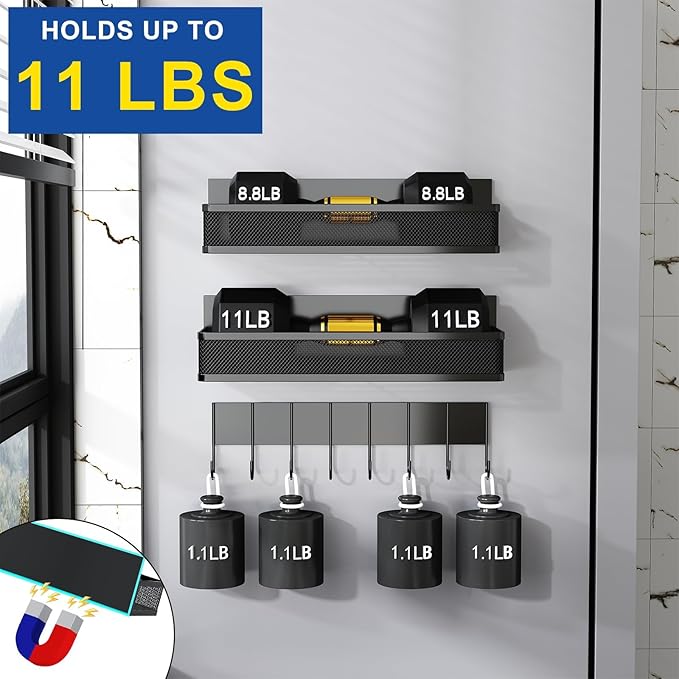 Magnetic Spice Rack for Refrigerator, 3 Pack Magnetic Shelf, Moveable Magnetic Fridge Organizer with 10-Hook Rack, Seasoning Organizer for Kitchen Organization and Storage