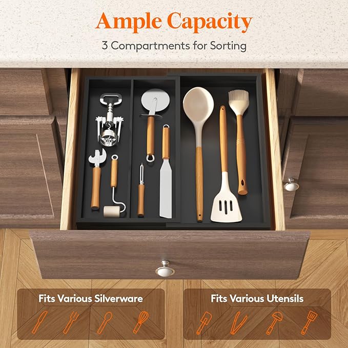 Lifewit Utensil Drawer Organizer, Expendable Cooking Silverware Tray for Kitchen Drawer, Bamboo Adjustable Cutlery Flatware Holder, Spatula Tools and Gadgets Storage Divider, 3 Compartments, Black
