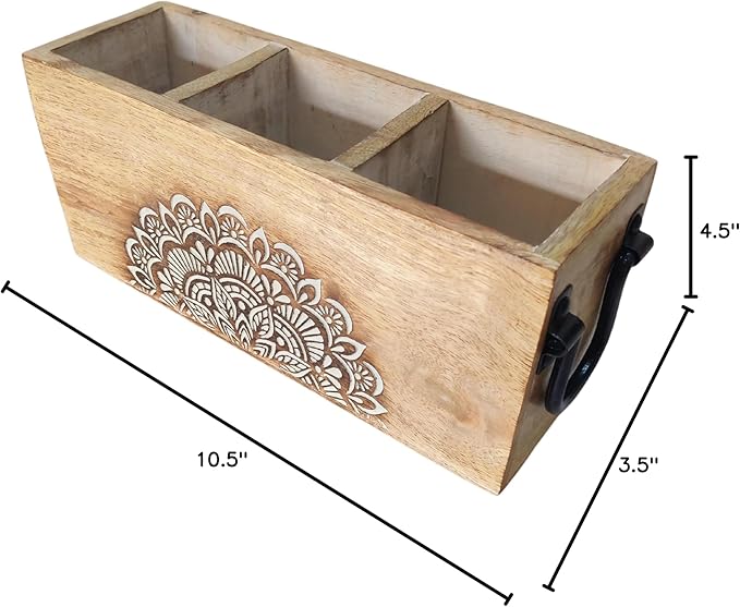 VANIYA CRAFTSR® Handmade Wooden Carved Design Compartments Cutlery Utensil Holder For Napkins, Spoons, Forks, Tissues, Knife (Natural White Finish)