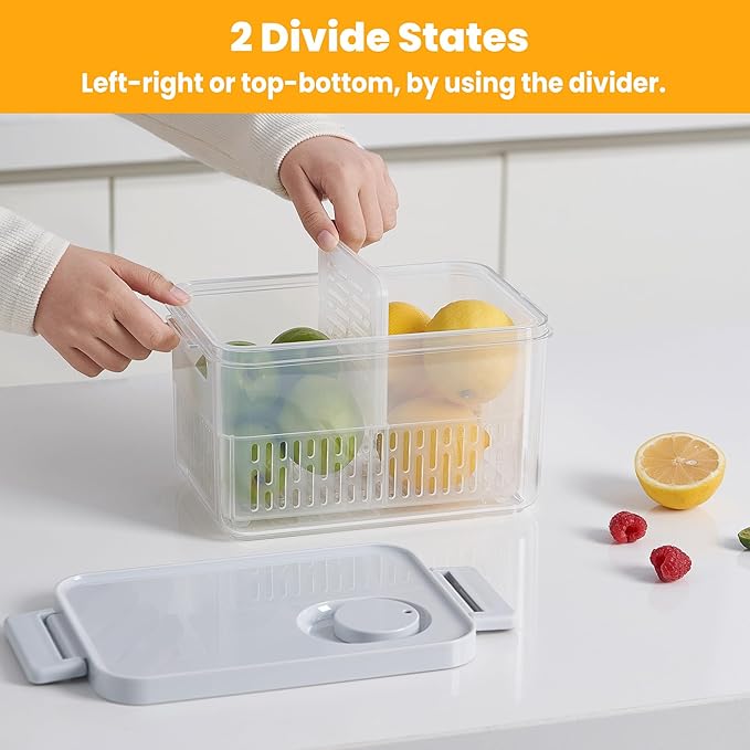 vacane 3 Pack Produce Containers with Removable Colanders, Clear Fruit Containers for Fridge Dishwasher Safe Lettuce Keeper Berry Containers, Keep Vegetable Food Fresh