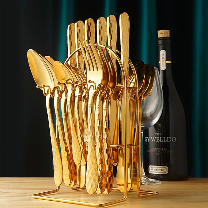 24 Piece Gold Silverware Set with Hanging holder-Service for 6,Stainless Steel Flatware Cutlery Set-Fork Spoon and Knife,Mirror Polished,Dishwasher Safe,Kitchen Utensil Tableware Set,Golden