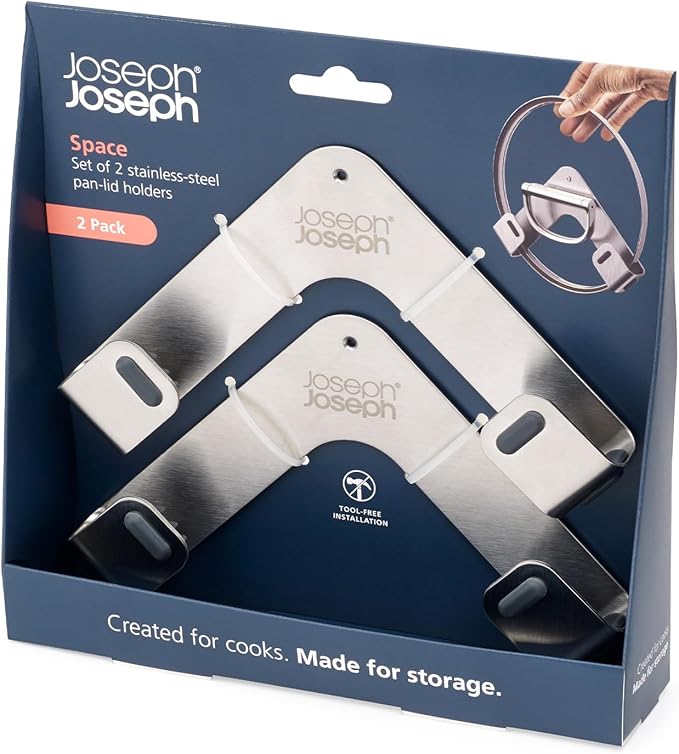 Joseph Joseph Space Set of 2 Pot and Pan Lid Holders Self Adhesive Wall Mount Storage Organizer, Suitable for Lids up to 11 in, 3M VHB Tape and Screws Included, Stainless Steel