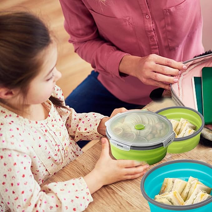2 Pcs Collapsible Bowls with Lids, Foldable Meal Prep Containers Reusable, Silicone Food Storage Containers, Camper Must Haves Rv Camping Accessories for Travel Trailers, Microwave and Freezer Safe