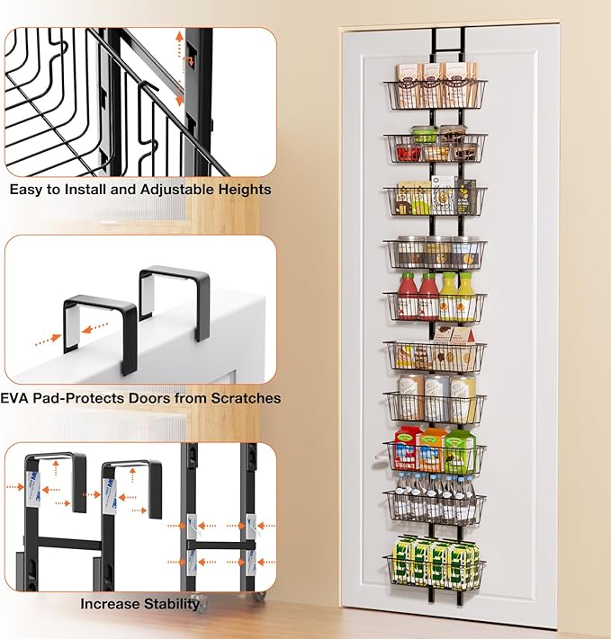10 Tier Over the Door Pantry Organizer, Over the Door Spice Rack with Adjustable Baskets, Metal Hanging Door Pantry Organizers and Storage for Kitchen Bathroom Bedroom, Black