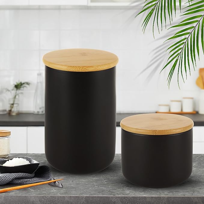 Acrux7 2 Pack Black Ceramic Jars Canisters Set 16oz and 32oz Airtight Coffee Container with Bamboo Sealing Lids, Airtight Kitchen Canisters for Countertop, Coffee, Flour, Sugar, Tea