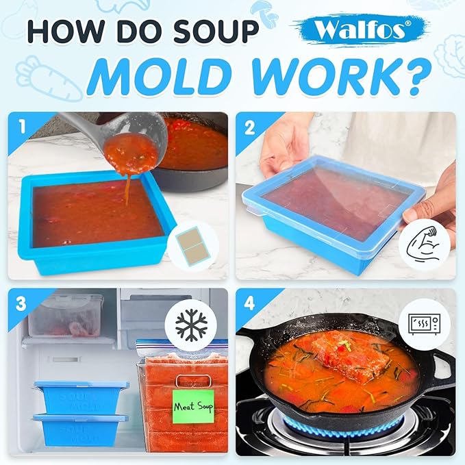 Walfos 2cup Silicone Freezing Tray with Lid - Easy Meal Prep Container and Kitchen Storage Solution, Make Perfect Freezing,Storing Soups, Foods, Stews, Dips or Sauces Simple and Convenient-4-PACK BLUE