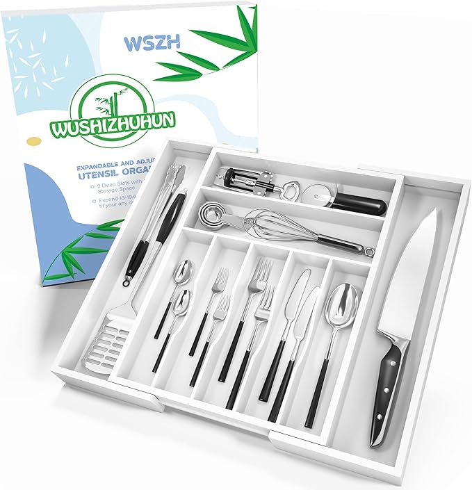 Utensil Organizer Silverware Drawer Organizer - Adjustable Utensil Tray Bamboo Silverware Divider with Groove for Kitchen Flatware, Hair Accessories, Repair Tools, Art Set W13.5"-19.9" x L17.6"(White)
