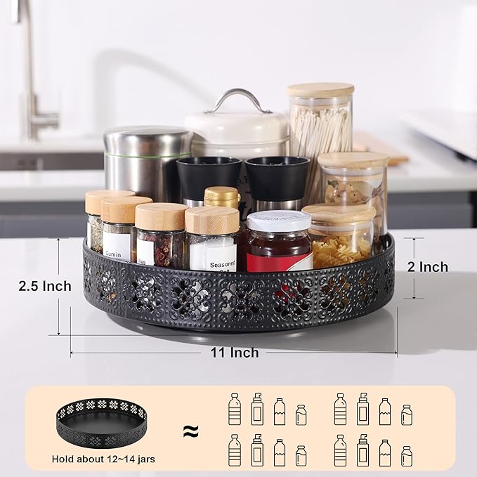 LEMIKKLE Rotating Turntable Vanity Tray 11 Inch for Perfume Candle, Bamboo Kitchen Sink Countertop Organizer for Keep Glass, Sponge and Soap Bathroom Organizer Coffee Table Decorative Tray Black
