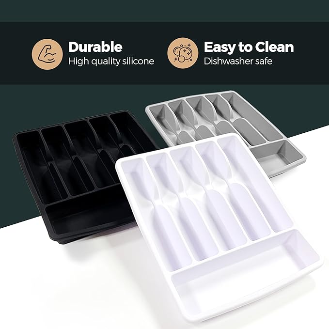 Silicone Silverware Drawer Organizer – Non-Slip Utensil Holder for Kitchen Drawers | Cutlery Tray for Forks, Knives, Spoons & More | Durable, BPA-Free, Easy to Clean – Black