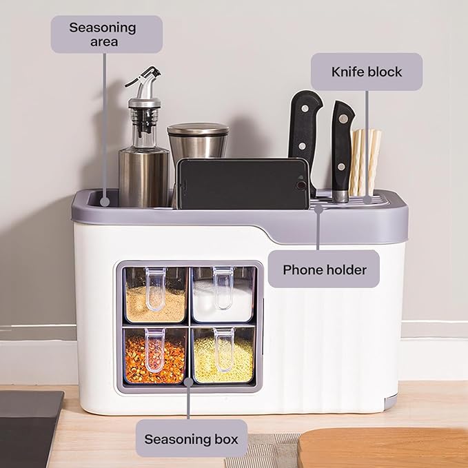 Spice Rack Organizer & Holder with Knife Block, Multifunctional Kitchen Organizer with Seasoning Storage Box, Seasoning Box, Spices Jars Storage Shelf for Kitchen Countertop