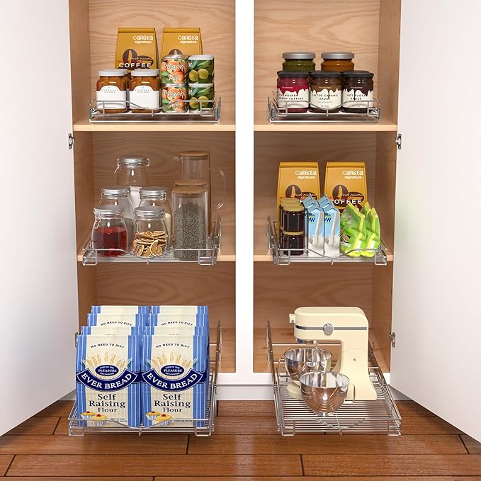 DINDON Pull Out Cabinet Organizer, (14" W x 18" D) Heavy-Duty Metal Sliding Drawer Shelf, Bathroom Under Sink Kitchen Cabinets Organizer and Storage Slide Out Shelves, Chrome, 1 Tier, 2 Pack