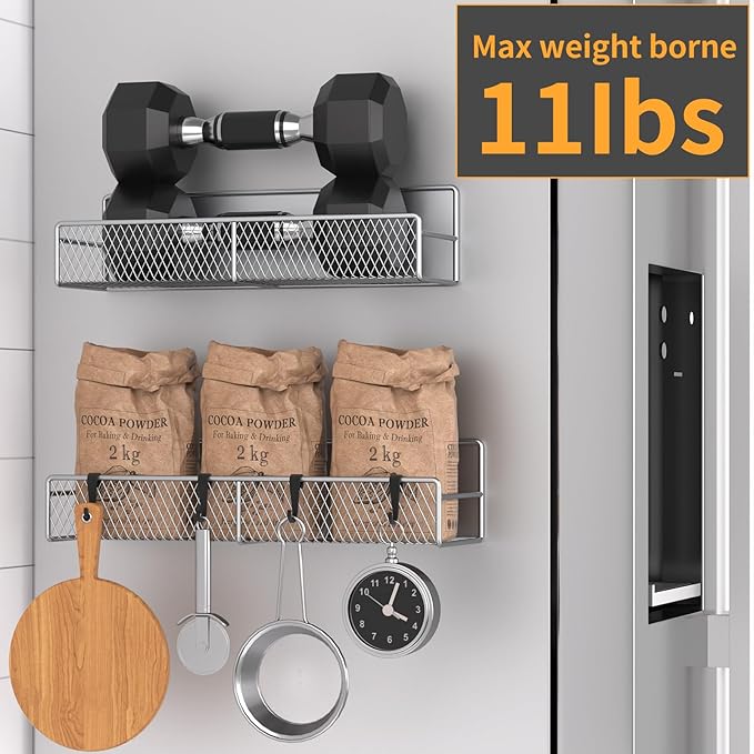 Magnetic Spice Rack for Refrigerator, 2 Pack Metal Magnetic Shelf Grey, Moveable Spice Organizer with Hooks, Super Magnetic Fridge Shelf for Kitchen Organization and Storage