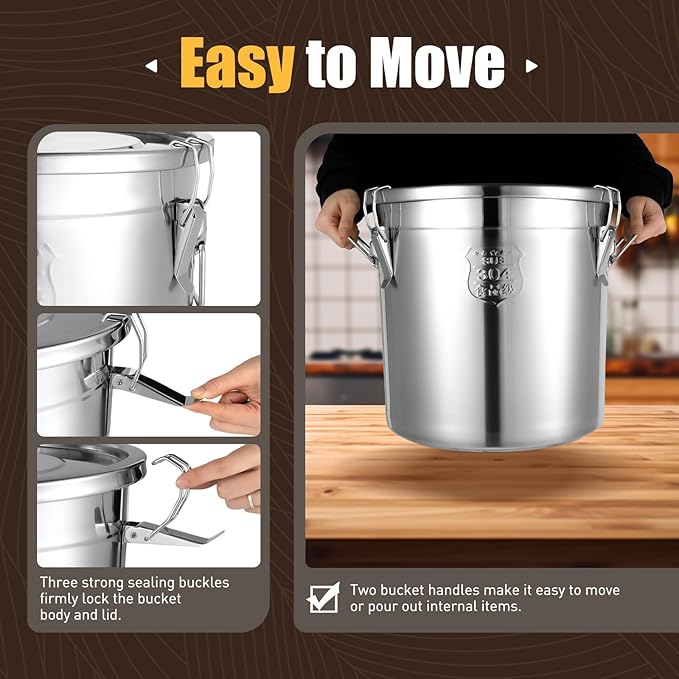 304 Stainless Steel Airtight Canister, Rice Cereal Grain Canisters Container, 6/12/21/33/48 Liters Food Bean Flour Oil Sugar Milk Cookie Storager Bucket w/Handles & Lid for Household Kitchen (33L)