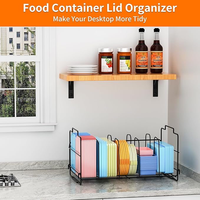 Food Container Lid Organizer, Large Capacity Adjustable 4 Dividers Detachable Lid Storage Organizer for Cabinets, Cupboards, Plastic Lid Organizer for Pantry Shelves, Drawers, Black