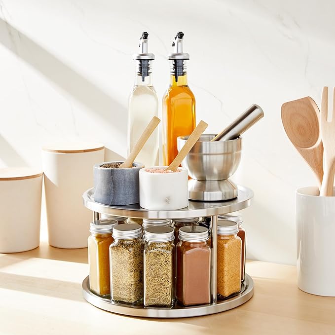 Juvale 2 Tier Lazy Susan Turntable Organizer for Cabinet, Revolving Spice Rack Carousel for Kitchen Pantry Storage, Stainless Steel (10.5 in)