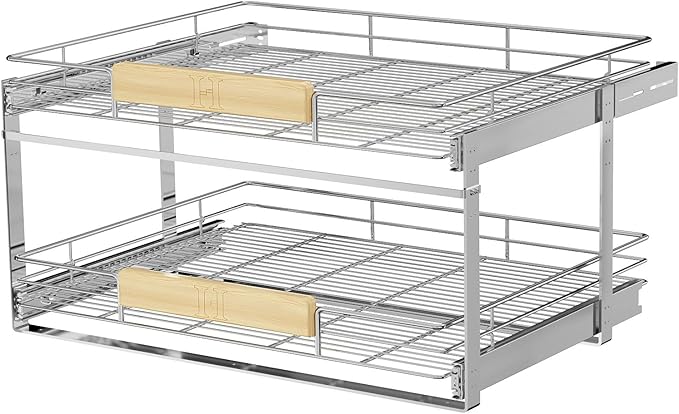 LOVMOR 2 Tier Pull Out Cabinet Organizer 31½" W x 21½" D, Slide Out Drawers with Wooden Handle, Sliding Shelves Organization and Storage for Kitchen, Pantry