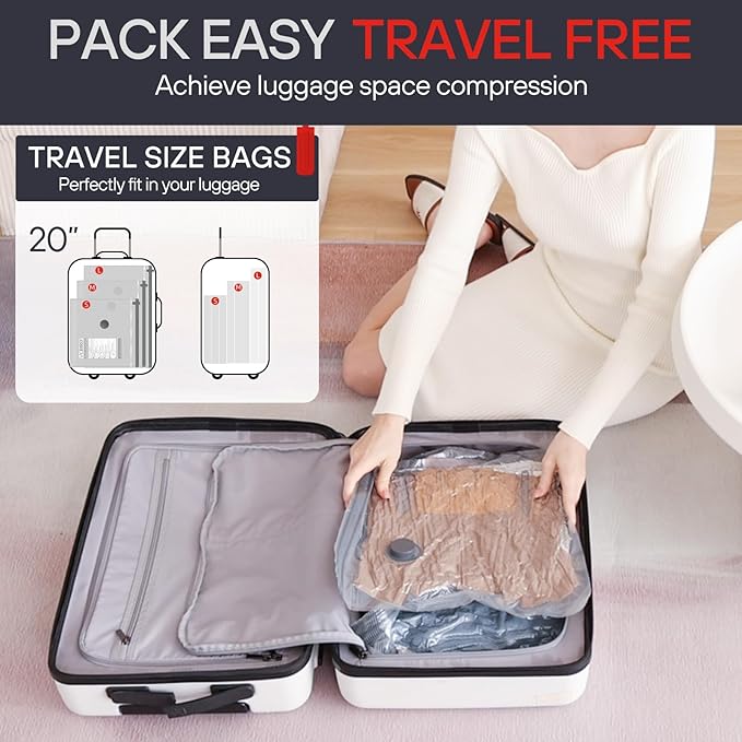VMstr 12 Pack Vacuum Storage Bags for Travel, Carry-on Size for Luggage Compression Packing, Space Saver with High Pressure Electric Pump(D/C Power)