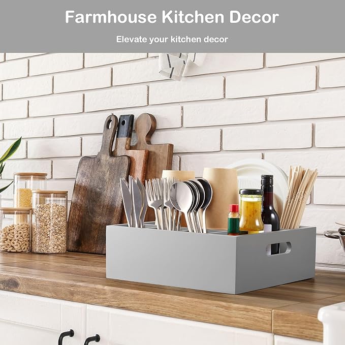 Gray Wood Utensil Holder for Party - Paper Plate Organizer for Countertop - Silverware Caddy with 6 Compartments for Plate Cup Fork Spoon - Cutlery Holder for Kitchen Camping Buffet