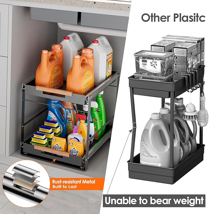 Under Sink Organizer, Pull Out Cabinet Organizer 2 Tier Slide Out Sink Shelf Cabinet Storage Metal Shelves, Sliding Under Sink Storage for Kitchen Bathroom Laundry Cabinet, Grey, 1 Pack (Gray)