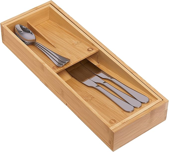 Bamboo Kitchen Drawer Organizer, Silverware Organizer Expandable Utensil Holder with Removable Knife Block, Cutlery Tray with Drawer Dividers for Kitchen Utensils and Flatware