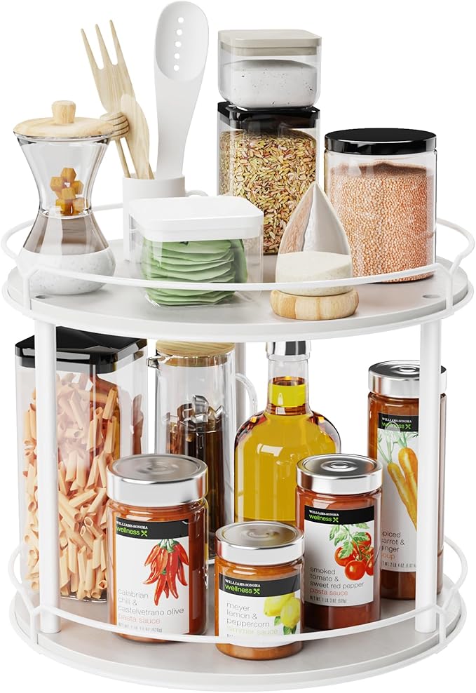 12.4" Lazy Susan Organizer 2 Tier - Rotating Spice Rack, Wooden Spinning Spice Holder for Inside Cabinet, Pantry, Kitchen, Countertop, Bathroom and Vanity, Versatile Storage (White)