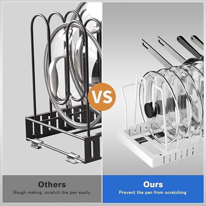 2 Pack Pots and Pans Organizer Under Cabinet, 21.6" Deep Pull Out Pot Lid Organizer Holder with Guardrail Adhesive Pot and Pan Holder Rack with 10 Adjustable Dividers(White)