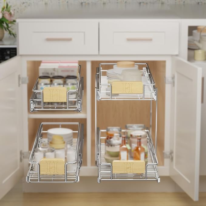 LOVMOR Pull Out Cabinet Organizer with Wooden Handle, 10½" W x 21½"Heavy Duty Cabinet Drawers Shelves Slide Out Organizer for Kitchen, Pantry