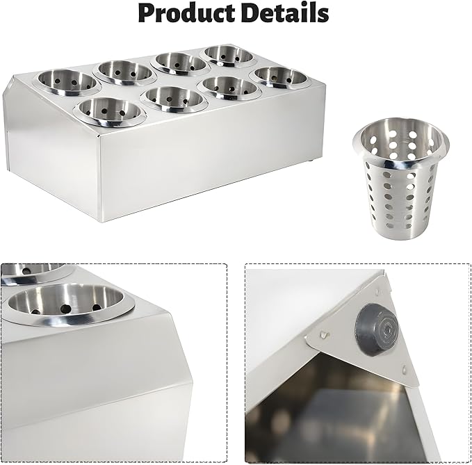 Commercial Silverware Caddy Utensil Holder Countertop 8 Holes Utensil Dispenser Holder Stainless Steel Cylinder Flatware Silverware Organizer for Restaurant Buffet
