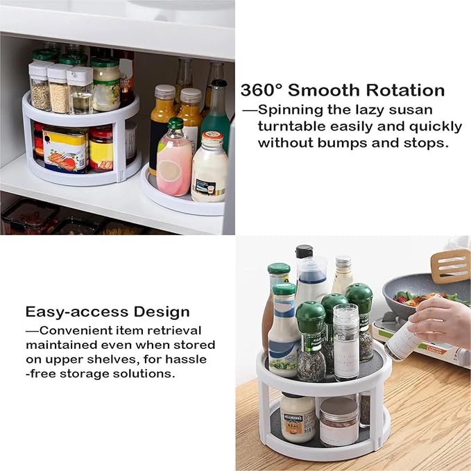 2 Tier Non Skid Spice Rack Turntable, 10 Inch Spinning Organizer, Non Skid Lazy Susan Turntable, 360° Rotating Seasoning Organizer for Kitchen, Pantry Cabinet, Refrigerator, Bathroom, Gray/White
