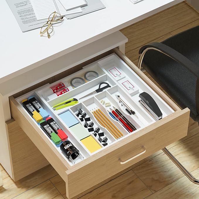 Utensil Organizer Silverware Drawer Organizer - Adjustable Utensil Tray Bamboo Silverware Divider with Groove for Kitchen Flatware, Hair Accessories, Repair Tools, Art Set W13.5"-19.9" x L17.6"(White)