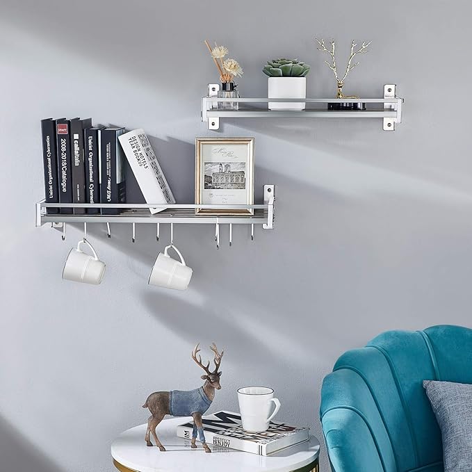 Wall Shelf with 16 Hooks, Stainless Steel Wall Hanging Shelf Organizer Rack for Kitchen, Heavy Duty Slat Shelving Unit for Storage (20'' by 9 1/2")