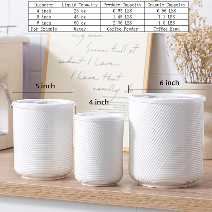 Canister Sets for Kitchen Countertop: Ceramic Food Storage Jar with Airtight Lids - Large Seal Damp-proof Containers for Coffee Tea Flour Sugar Rice Cookies Candy - White (23+42+75 oz)