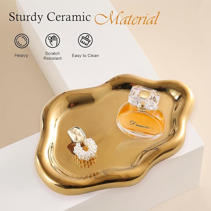 Ceramic Jewelry Tray Trinket Dish, Decorative Cloud Vanity Key Tray for Women, Ring Holder Dish, Cute Jewelry Plate Bowl Room Decor Aesthetic, Gold, Medium