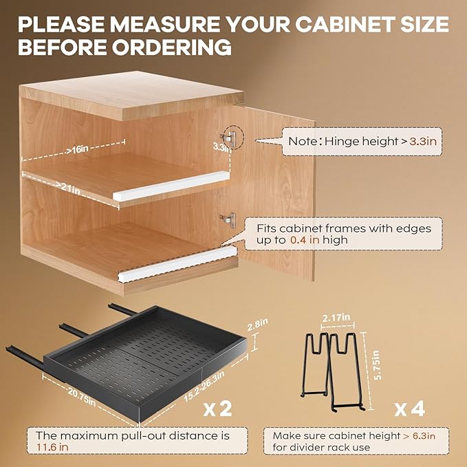 2 Pack Pull out Cabinet Organizer 21"Deep With Raising Pad for Framed Cabinets, Expandable Slide out Drawers for Kitchen Cabinets with 4pcs Divider Racks, Roll out Shelves 15.2"-26.3"W Black