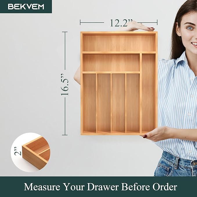 Bamboo Silverware Organizer, Kitchen Drawer Organizer, Utensil Holder, Cutlery Tray & Spoon Flatware Storage with Grooved Drawer Dividers (7 Slots, Natural)
