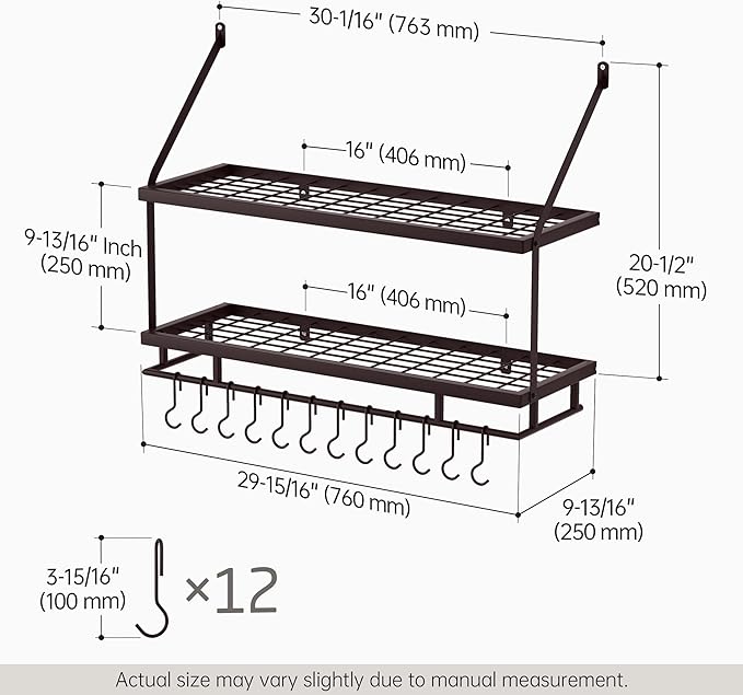 KES 30-Inch Oiled Bronze Pot Rack Wall Mounted, 2-Tier Hanging Pot and Pan Organizer with 12 Sturdy Hooks, Kitchen Wall Hanger Shelves Farmhouse Style, KUR215S75B-OB