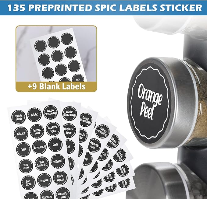 Black Countertop Rotating 16-Jars Revolving Spice Rack Organizer Tower , 135 Spice Labels with Funnel Complete Set, Seasoning Organizer for Kitchen Countertop, Cabinet