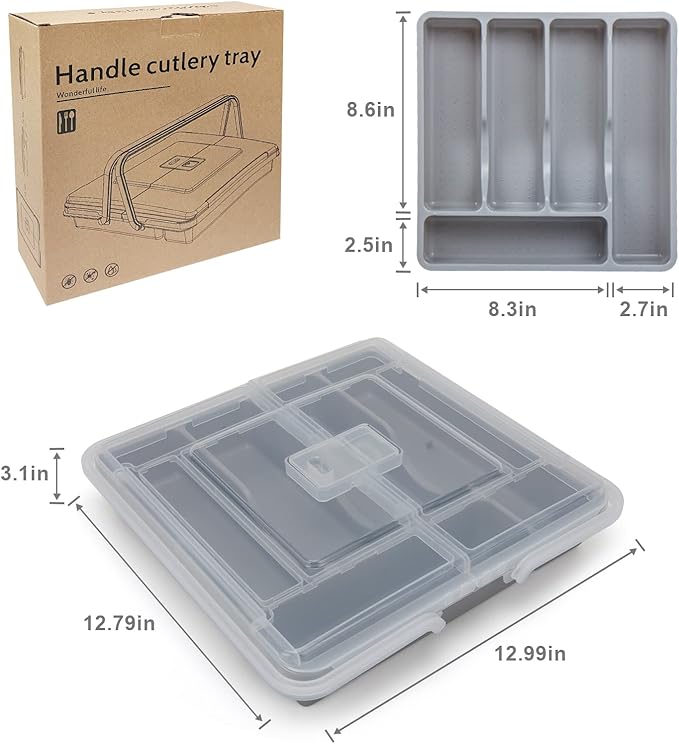Portable Utensil Holder for Countertop with Lid & Handle, Plastic Silverware Tray for Drawer Flatware Organizer, Gray