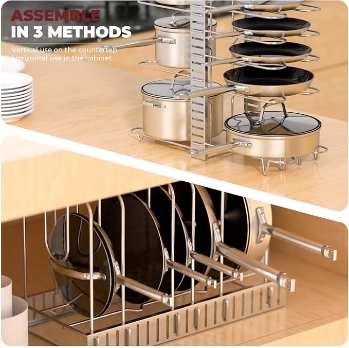 Vdomus Pot Rack Organizer - 3 DIY Methods, Pan and Lid Storage for Cabinet Organizing, 8+ Pot and Pan Holder, Adjustable Pot Rack Lid Holder (Silver)