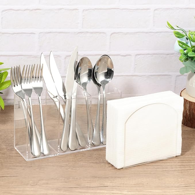 Rainmae Cutlery Storage Organizer and Napkin Holder Kit, Acrylic Cutlery Utensil Holder Tissue Paper Holder for Kitchen Countertop Organization Hold Fork Knife Spoon Silverware Tableware Storage Box