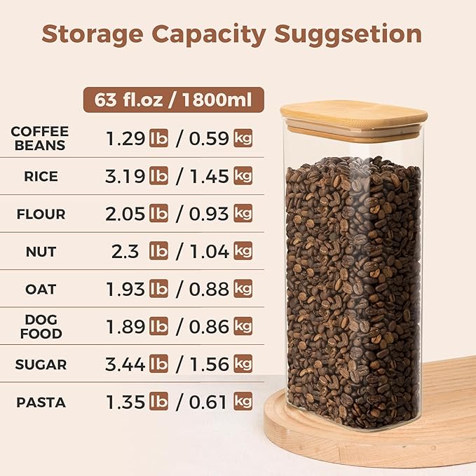 ComSaf 63oz Rectangle Glass Storage Containers with Lids, Glass Jars with Bamboo Lids, Clear Food Jar, Square Canister Set of 3, Pantry Organizers and Storage for Flour Pasta Coffee Bean