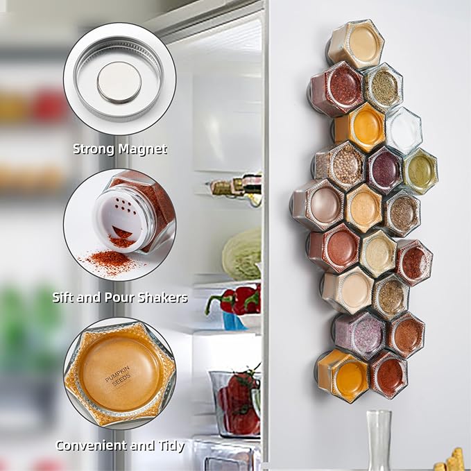 Homazing Set of 20 Large 4oz Magnetic Spice Jars for Refrigerator, Hexagon Glass Magnetic Spice Jars with Shaker Lids and Labels for Kitchen RV Travel Trailer, Magnetic Spice Containers for Fridge