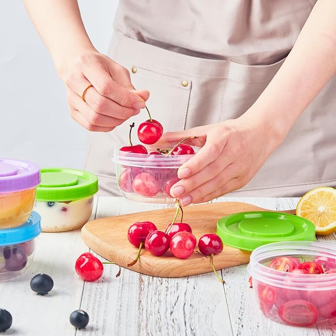 Zezzxu 5 oz Small Freezer Storage Containers with Screw Lids, 12 Pack Reusable Plastic Food Jars Stackable Deli Containers (Microwave & Freezer Safe)