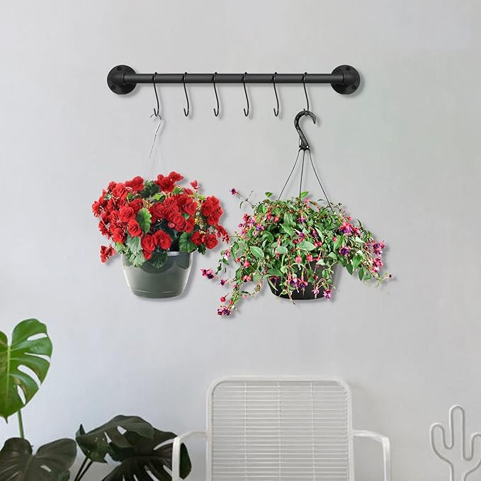 21 inch Pot Pan Bar Rack Wall Mounted Set of 2 with 16 Hooks Industrial Pipe Pot Hanger Rustic Iron Pan Hanging Rail Pipe Towel Holder Kitchen Utensil Organizer Black