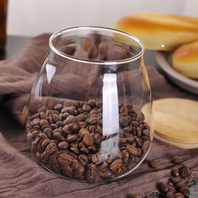 WHJY 13oz Clear Glass Storage Canister Holder with Airtight Bamboo Lid, Small Cute Modern Round Decorative Container Jar for Coffee, Spice, Candy, Salt, Cookie, Condiment, Pepper, Sugar