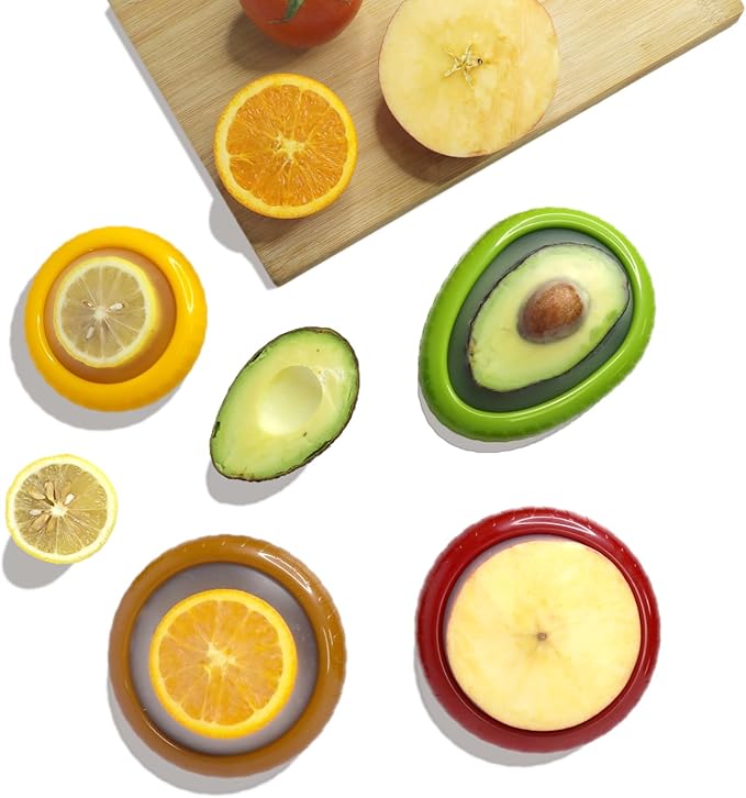 Avocado Saver and Onion Holder -Set of 4 Reusable Fruit and Veggie Savers for Fridge - BPA-Free, Prevent Flavor Mixing, Keep Fresh (Green, Brown, Red And Yellow)