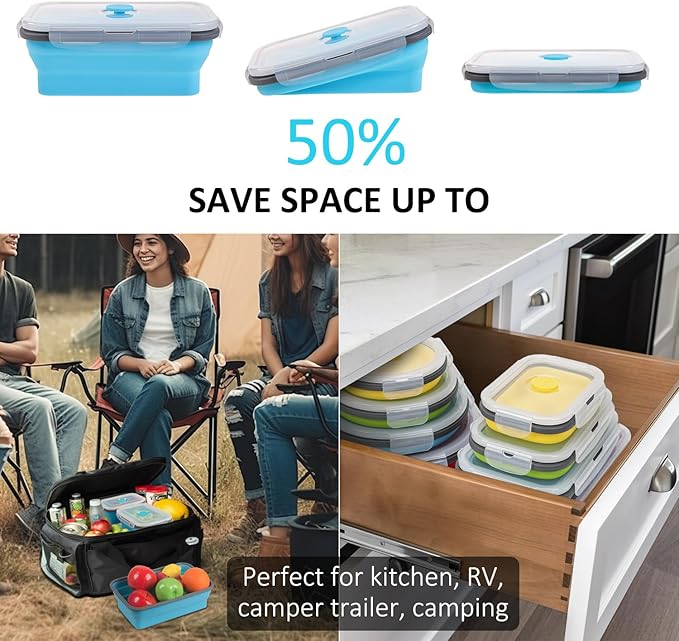 Collapsible Food Storage Containers with Lid & Air Vent, 8 Pack, 4 Rectangular + 4 Round, Annaklin Foldable Silicone Lunch Containers Collapsible Bowls Set, Microwave Freezer Dishwasher Safe, 4 Colors